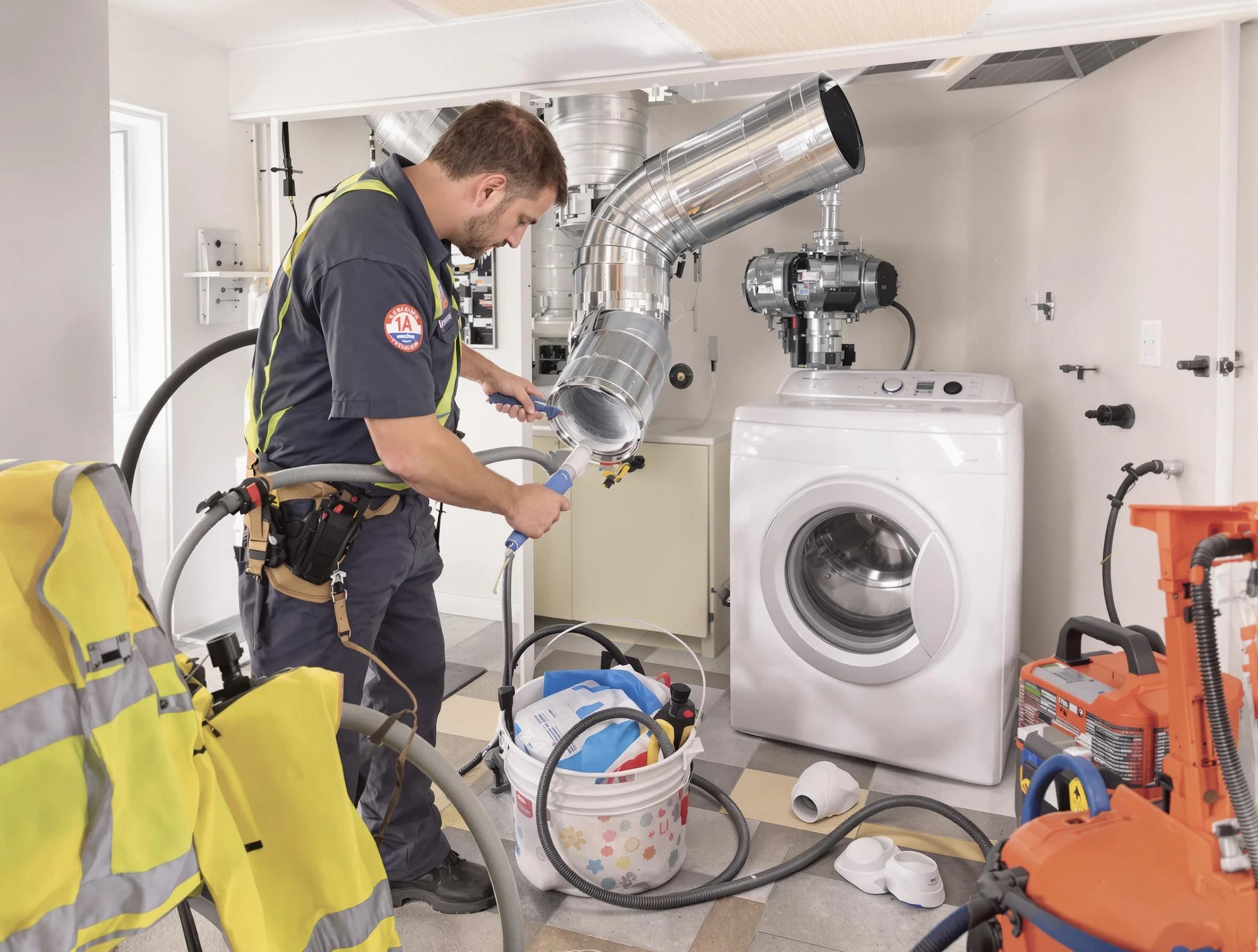 Alpharetta Dryer Vent Cleaning technician using specialized equipment to clear severe dryer vent blockage in Alpharetta