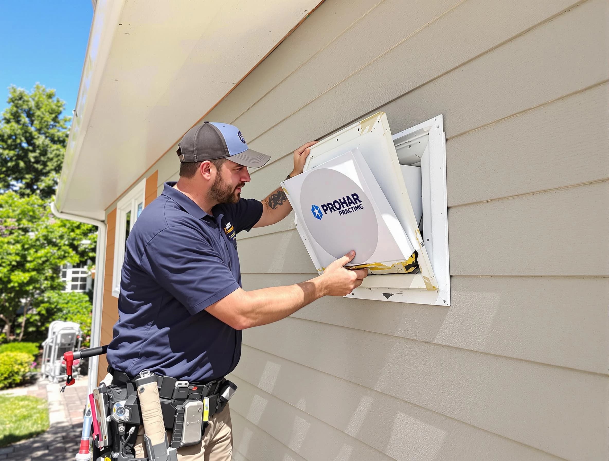 Alpharetta Dryer Vent Cleaning technician installing a new protective dryer vent cover on a home in Alpharetta