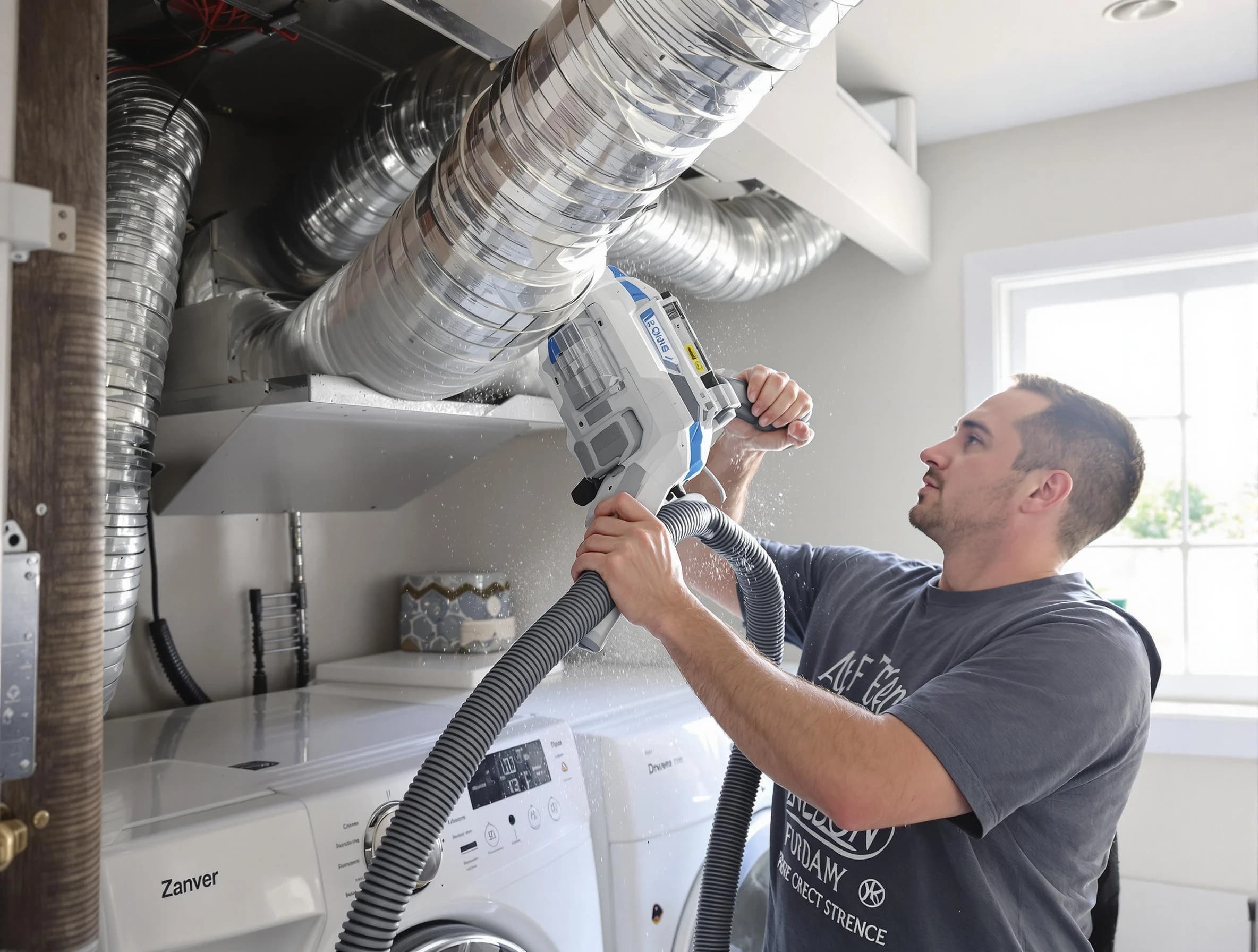 Alpharetta Dryer Vent Cleaning specialist cleaning deep within a dryer vent duct system in Alpharetta
