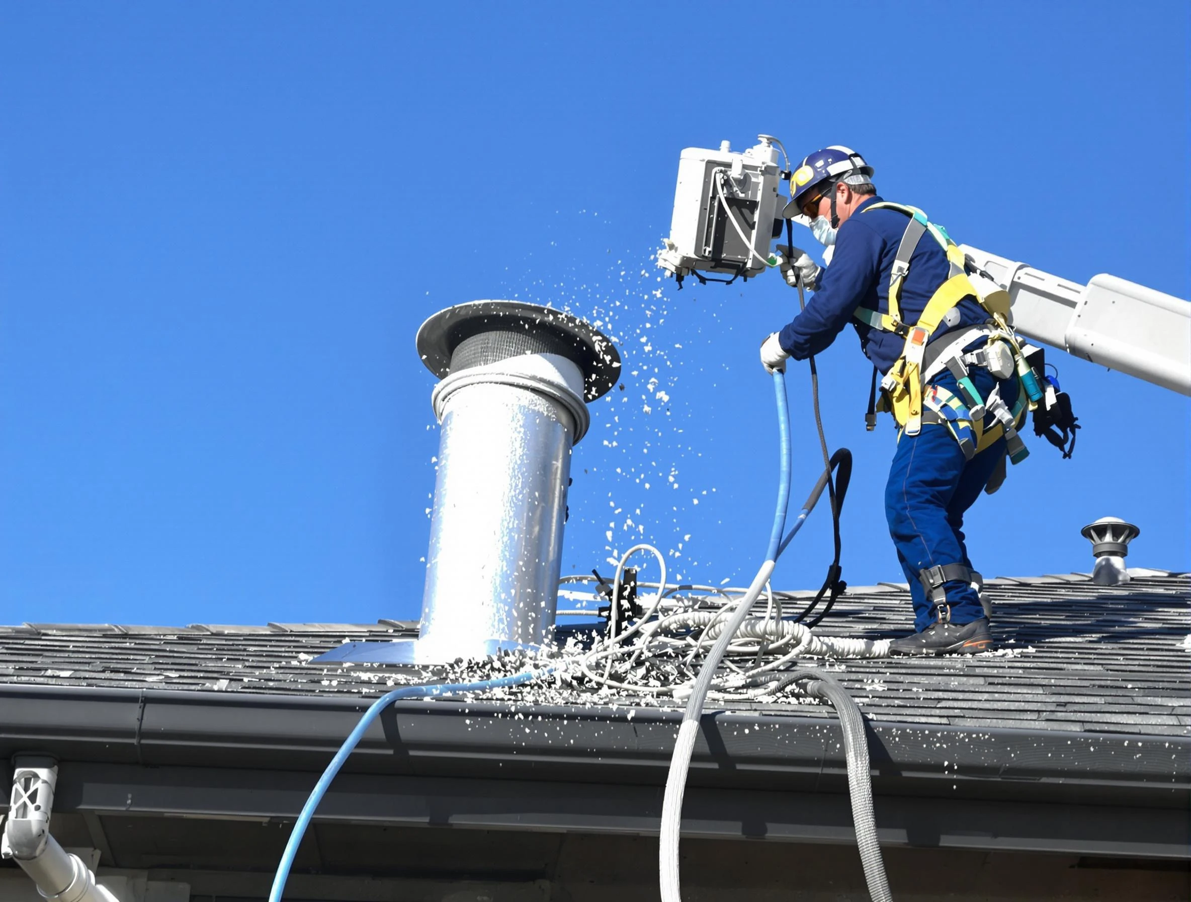 Alpharetta Dryer Vent Cleaning certified technician safely cleaning a roof-mounted dryer vent in Alpharetta