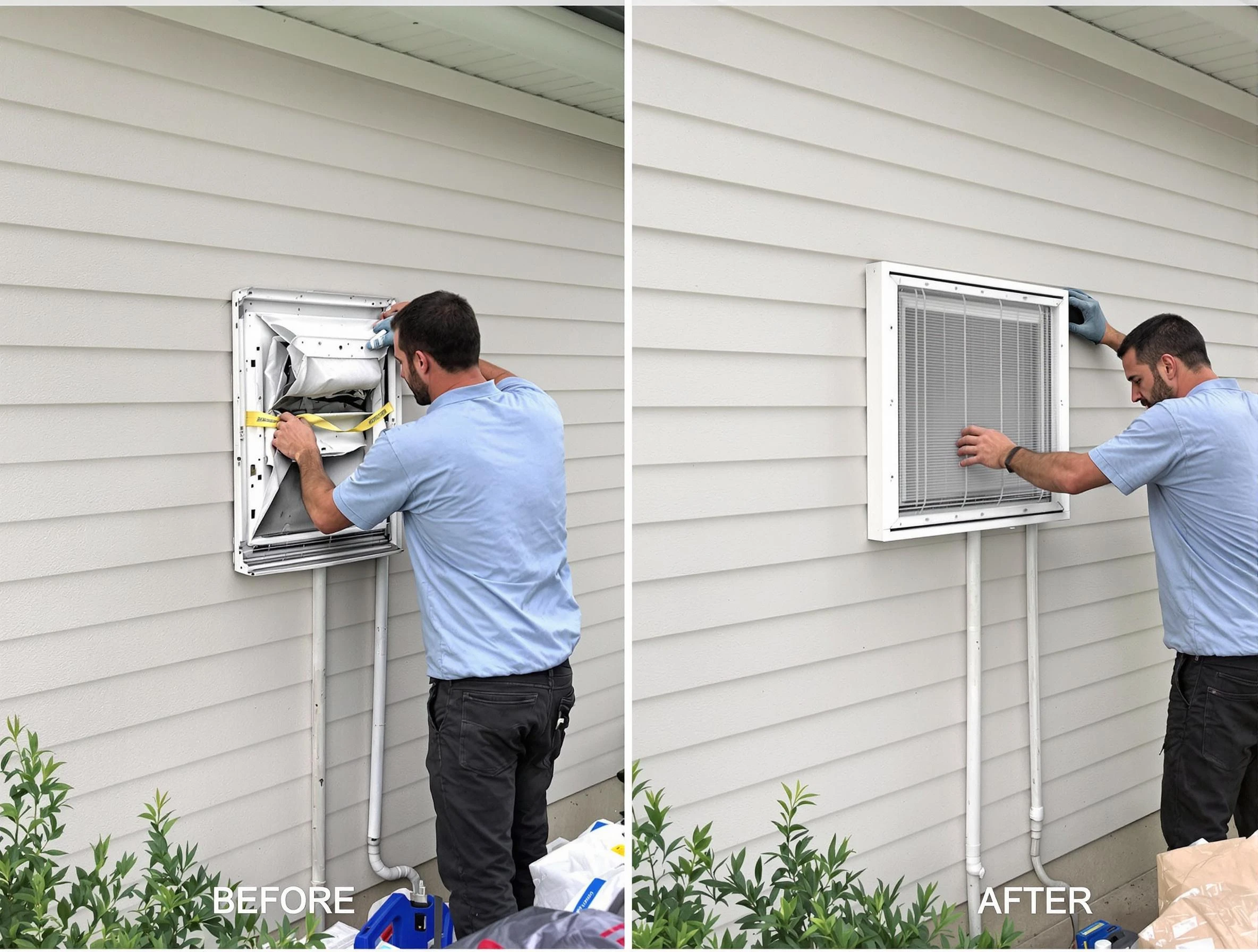 Alpharetta Dryer Vent Cleaning technician installing high-quality dryer vent cover at a residential property in Alpharetta